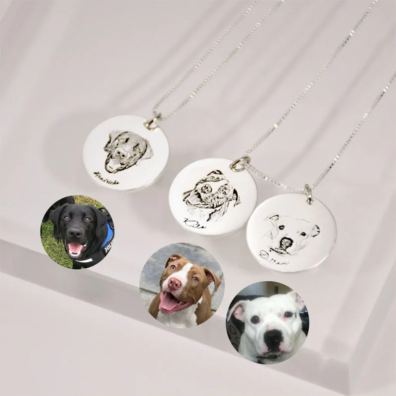 

Personalized Pet Portrait Photo Necklace Engraved Custom Name Memorial Jewelry Dainty Gift For Dog Cats Lovers