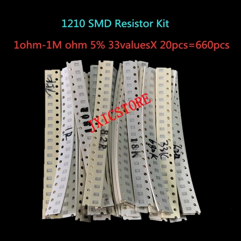 

Комплект резисторов 1210 SMD в ассортименте, 1 Ом-1М Ом 5% 33valuesX 20 шт. = 660 шт., набор образцов