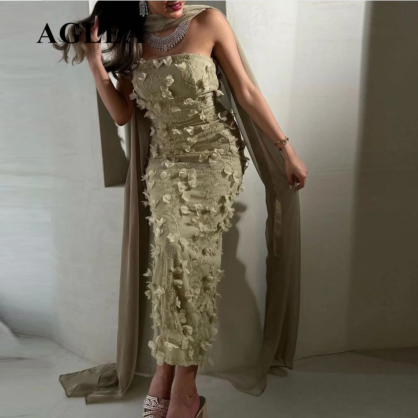 

AGLEA 2023 Mermaid Lace Beading Flowers Prom Dresses with Shawl Strapless Formal Occasion Ankle Length Women Evening Dress