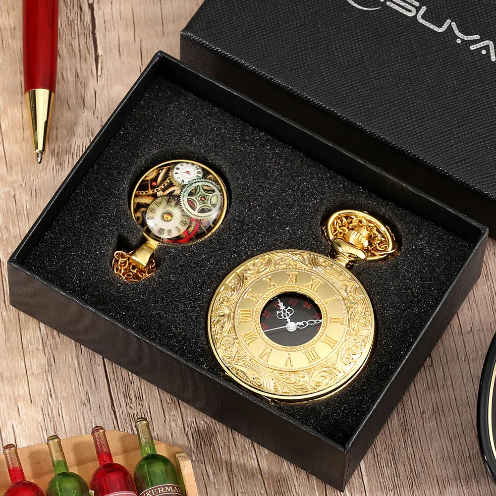 Luxury Gold/Bronze/Silver Quartz Pocket Watch Pedent Gift Set for Men Hollow Case Steampunk Clock Fob Watch Roman Numerals Dail
