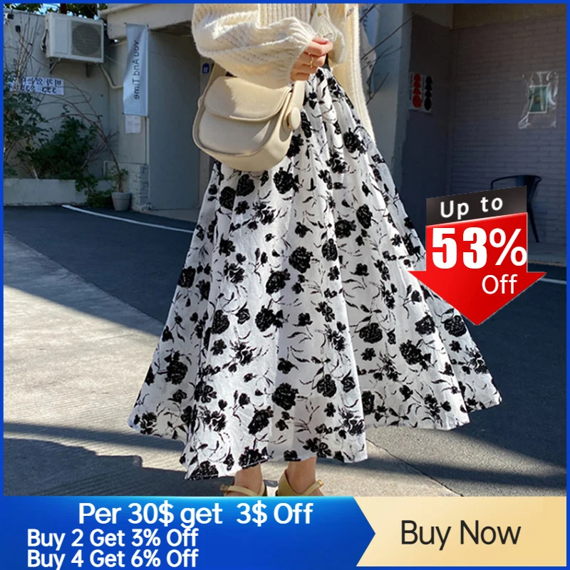 

Women Casual Skirt Fashion OL Commuter Loose Floral Printing Patchwork Korea Style Spring Fall A-line Skirt For Ladies 2022