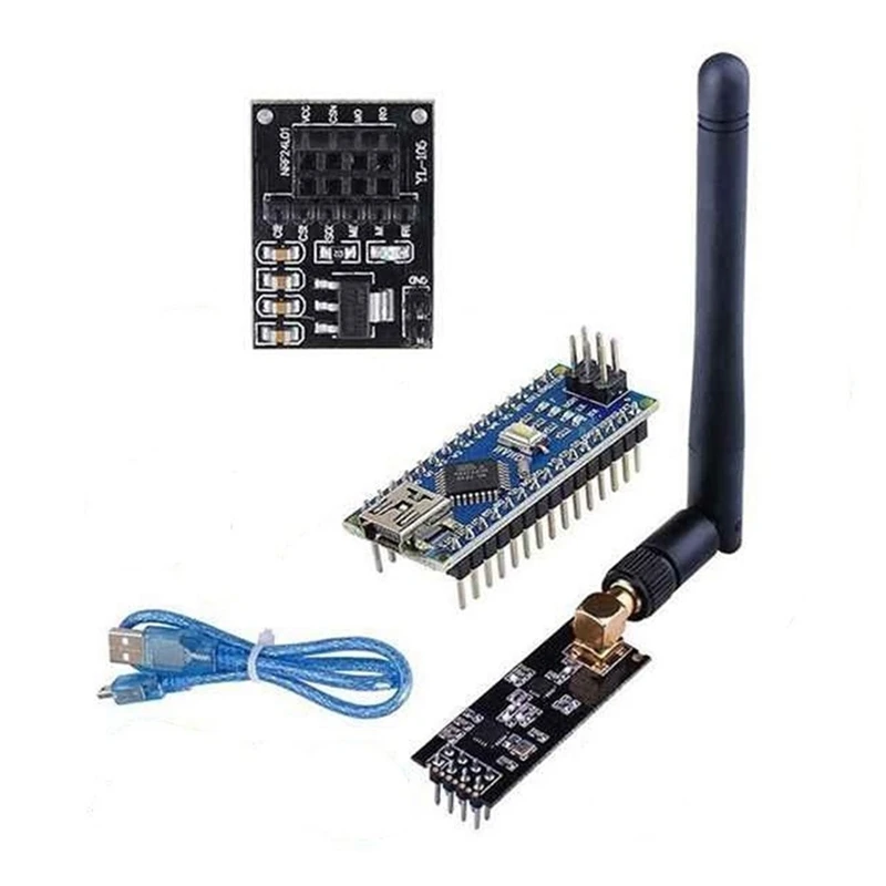 

Wireless Transceiver Receiver NRF24L01+PA+LNA RF Module With Antenna + NRF24L01 Adapter + Nano V3.0 Atmega328p Board