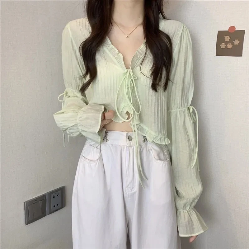 

Women Chiffon Shirt Sweet Ruffle Lace Up Casual Cardigans Fashion Women Summer Long Sleeve Sunscreen Coats Short Top