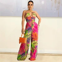 women floral print bandage jumpsuits sexy one piece casual elegant flare wid leg pants fashion summer clothing