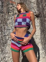 knitted sets women two pieces plaid tank top high waist short pants streetwear outfits y2k clothes shorts sets skinny tracksuit
