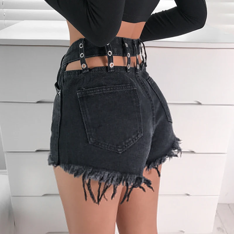 Women High Waist Shorts Summer Slim Sexy Hollow Out Denim Shorts Gothic Hip Casual Black Wide Leg Shorts for Female E Girl Punk