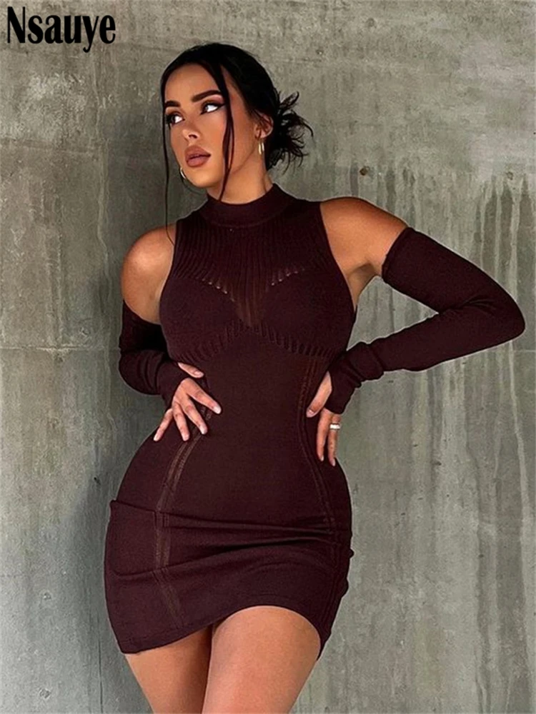 Nsauye сексуальное женское элегантное зеленое вязаное мини-платье с вырезами осень