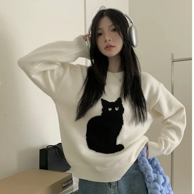 

Sweet Sweater Pullover Women Cartoon Cat Pullover Autumn Winter Outwear Loose Vintage Knitted Tops Female Fashion