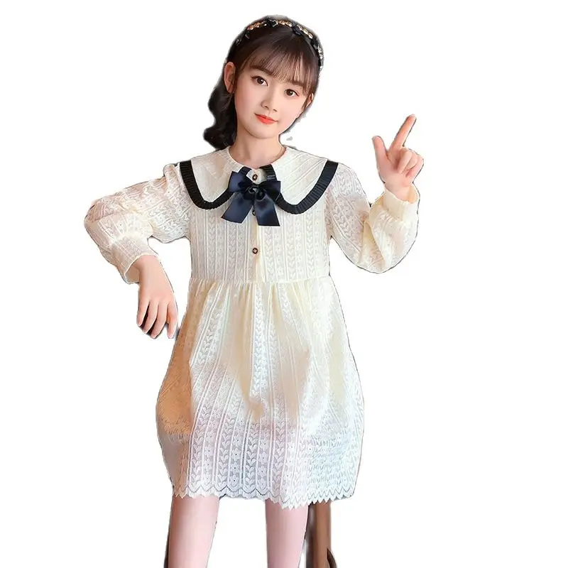 

Girls' Dress 2022 New Spring Summer Princess Korean Fashion Children's Clothing Doll Collar Bow Lace Sweet Girls School Dress