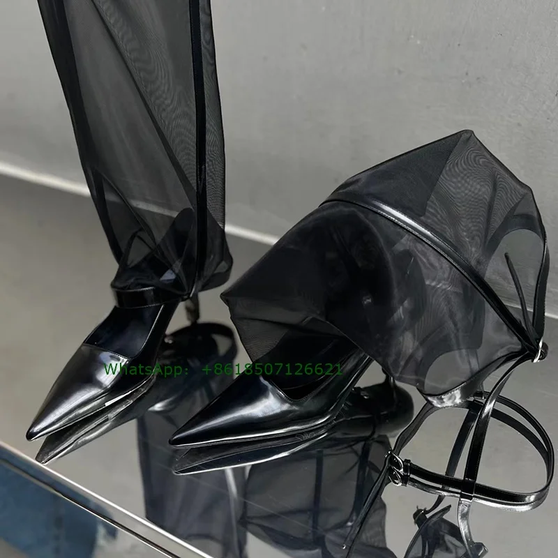 Black Low Heel Pointed Toe Mesh Sleeve Pumps Patent Leather Knee High Heels Sexy Women Shoes