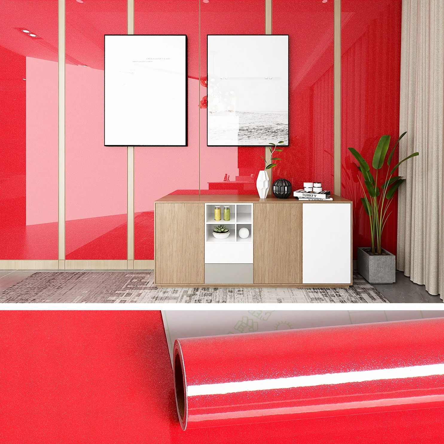 

Red Self-Adhesive Wallpaper Kitchen Waterproof and Oilproof Wall Sticker Old Furniture Renovation Wallpapers PVC Home Decor