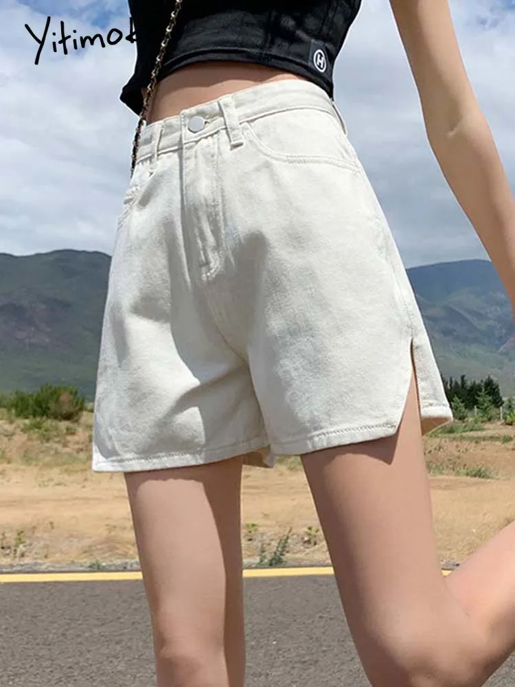 

Yitimoky White Women Denim Shorts High Waist Pockets Casual Comfortable Korean Chic Slit Jean Shorts 2022 Summer Fashion Clothe