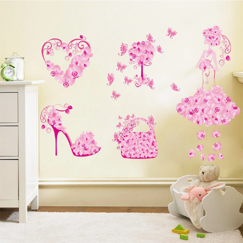 

Красочные цветочные сумки для девочек, туфли, бабочки, наклейки на стену, детские комнаты, сердце, украшение для спальни, настенный плакат