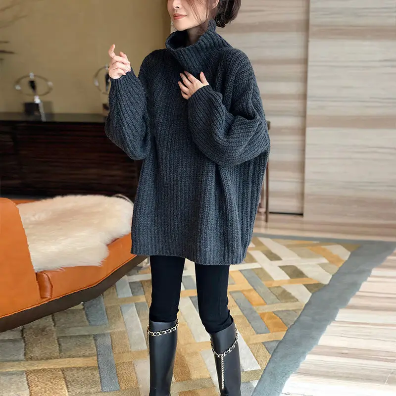 

Women Autumn Winter New Loose Casual Long Sleeve Turtleneck Tops Pullovers Female Solid Korean Chic Knitted Jumpers Sweaters W46