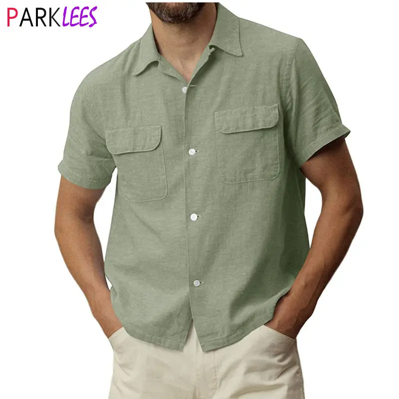 

Men's Doble Pocket Cotton Linen Shirt Summer Short Sleeve Guayabera Shirt Button Down Cuban Camp Shirts Beach Top Chemise Homme