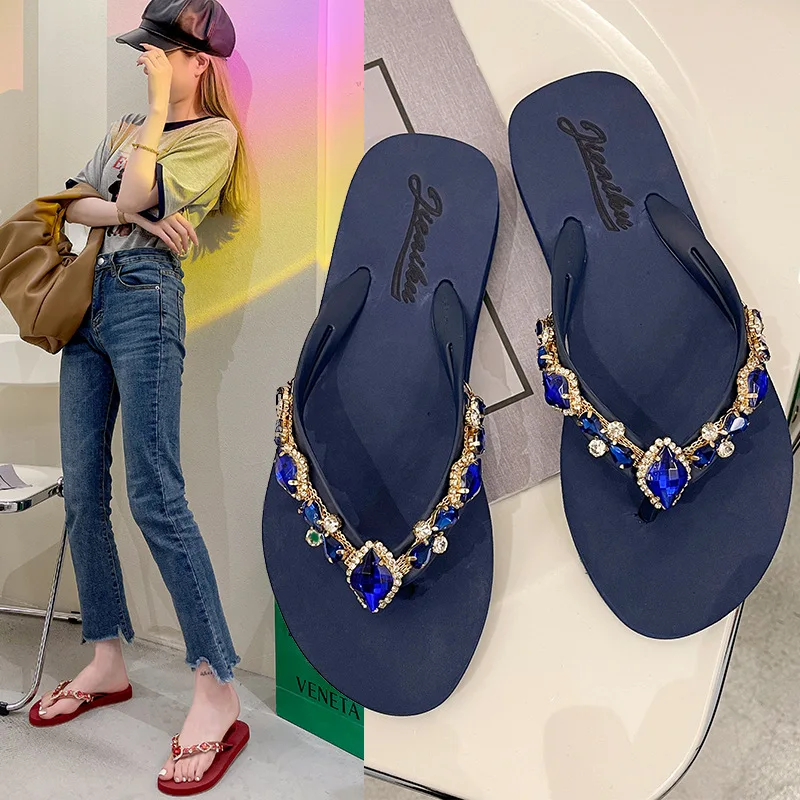 

2023 Rhinestone Flip-flops BlingBling New Glass Colored Diamond Slippers Women Wear Flat-bottomed Sandals Women's Shoes.