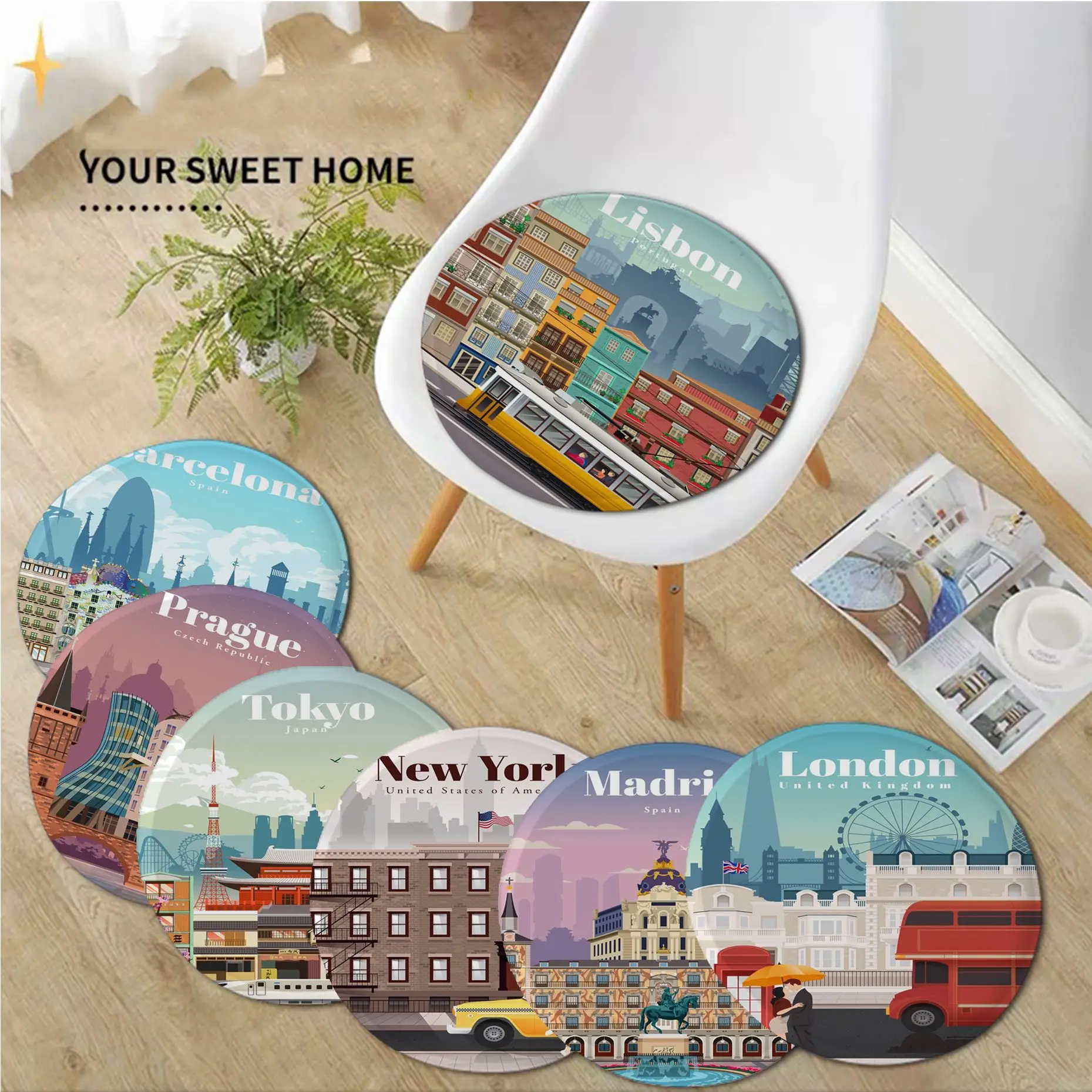 

World Travel City Square Seat Pad Household Cushion Soft Plush Chair Mat Winter Office Bar Outdoor Garden Cushions