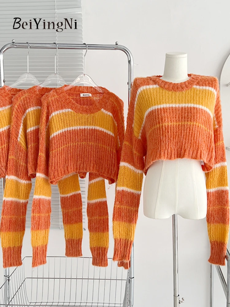 

Beiyingni модные вязаные свитера, женский короткий топ с длинным рукавом, оранжевый полосатый Повседневный сексуальный джемпер Y2K, женские шика...