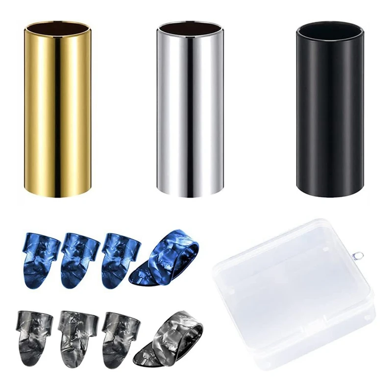 

3 Pieces Guitar Slides Guitar Tone Bar Kits (Include 3 Colors Stainless Steel) 8 Pieces Thumb & Finger Picks