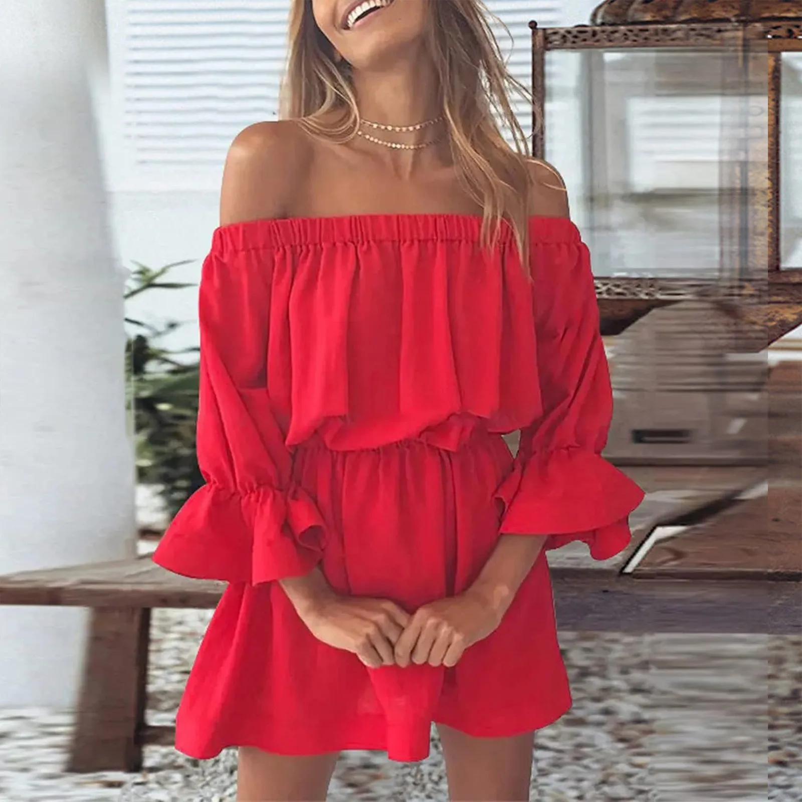 

Summer Print Flare Sleeve Women Vintage Solid Elegant Sundress 2022 Tube Loose Mini Dress Off Shoulder Robe Ruffle Beach Dress