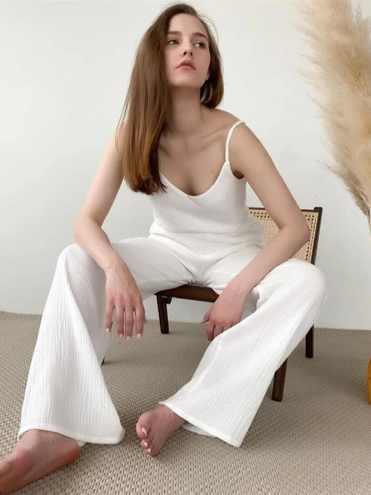 

Hiloc Cotton Sexy Sleepwear For Sleeping White Spaghetti Strap Women Pajama Backless Home Suit Women's Pajamas Spring Pant Sets
