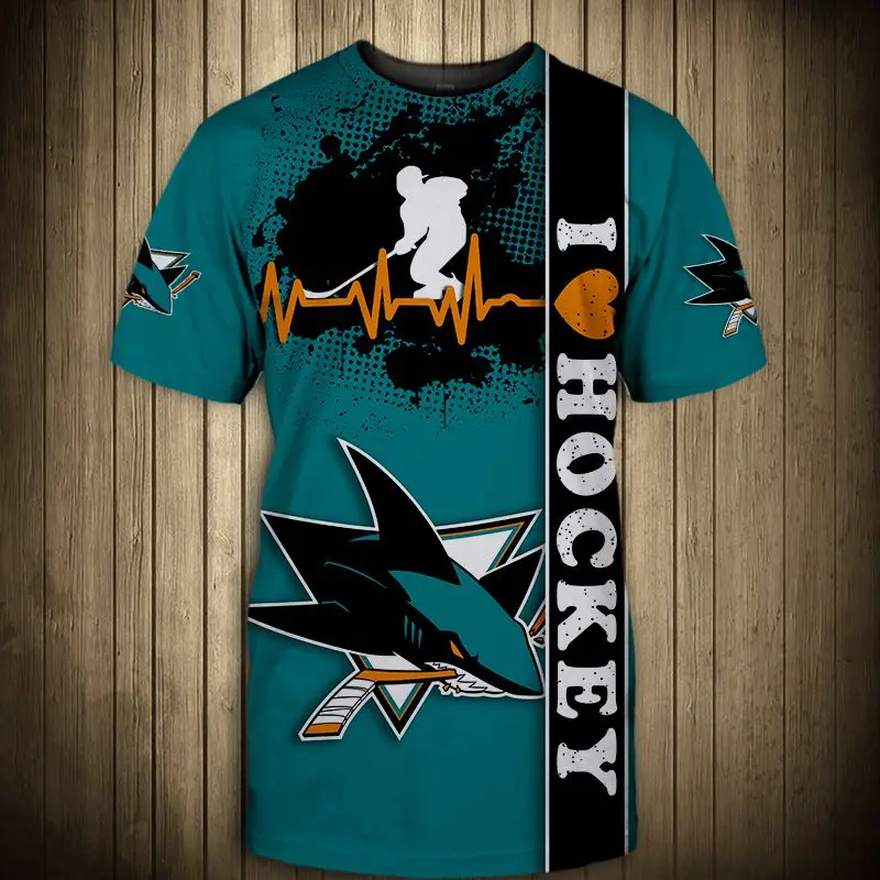 

Summer Casual Tops San Jose Men's Fashion Blue And Black Stitching Curve Cartoon Fish Print Sharks T-shirts