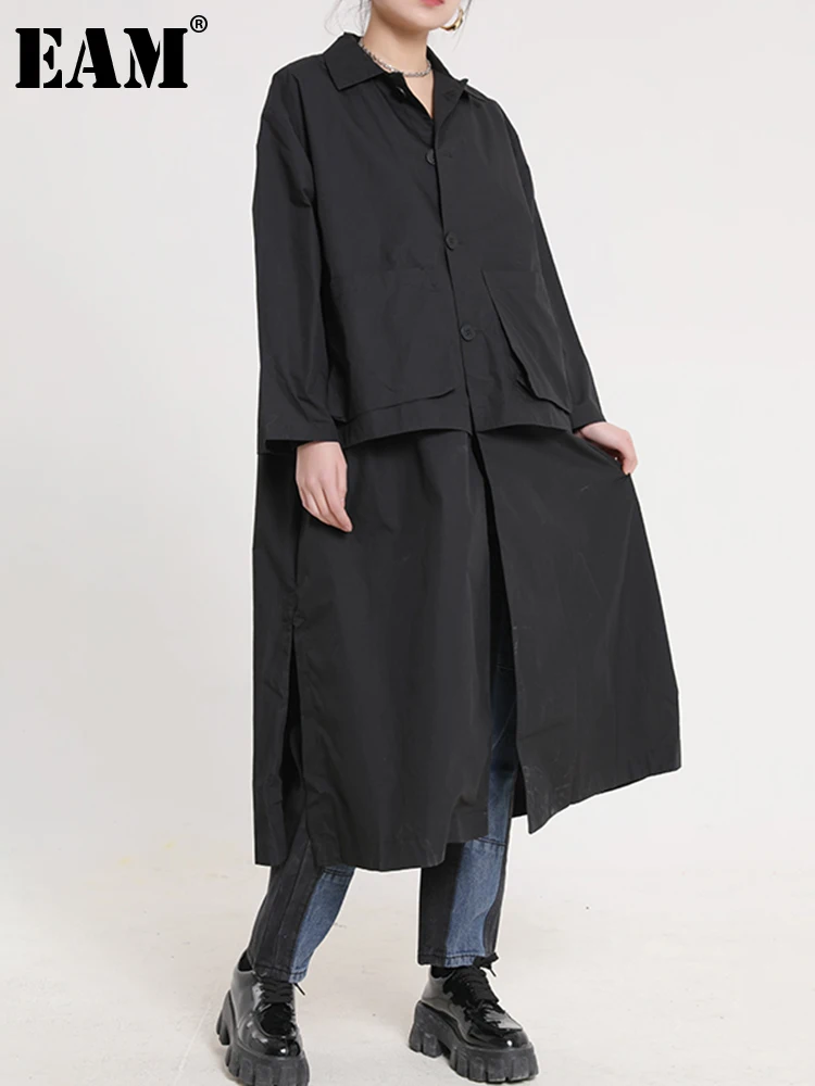 

[EAM] Women Black Long Big Size Pocket Trench New Lapel Long Sleeve Loose Windbreaker Fashion Spring Autumn 2022 1DE30810