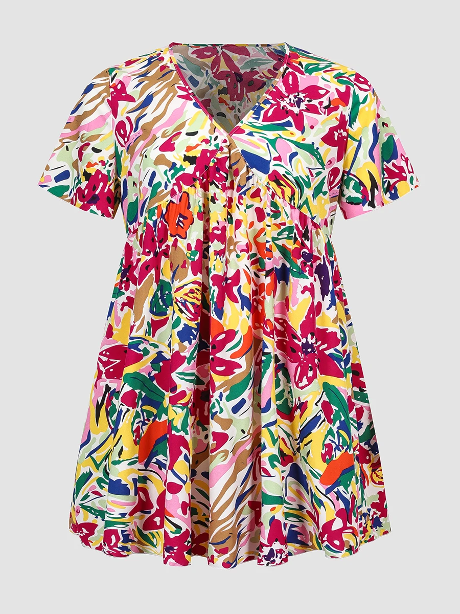 

Finjani Allover Print Ruffle Hem Dress Short Sleeve V-Neck Summer Top Selling Plus Size Vintage Big Print Women’s Dresses