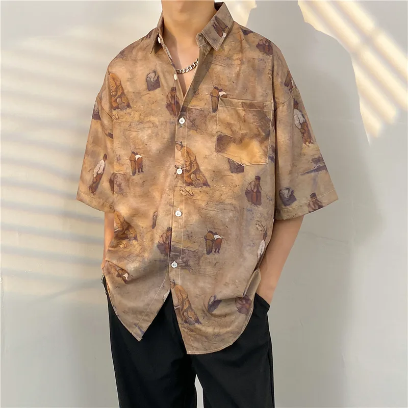 

European and American street hip-hop print short sleeved shirt jacket men's ins loose and versatile trend five sleeve shirt