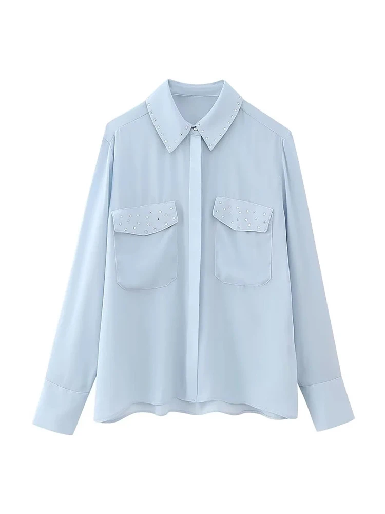

Ladies Fashion Rivet Decoration Blue Autumn Long Shirts Womens 2023 New Casual Pockets Long Sleeve Straight Drape Tops