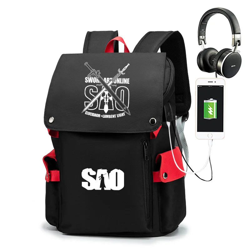 

SAO Sword Art Online USB Port Book Bag Backpack Zipper Rucksack Anime Student School Computer Bag Travel Mochila