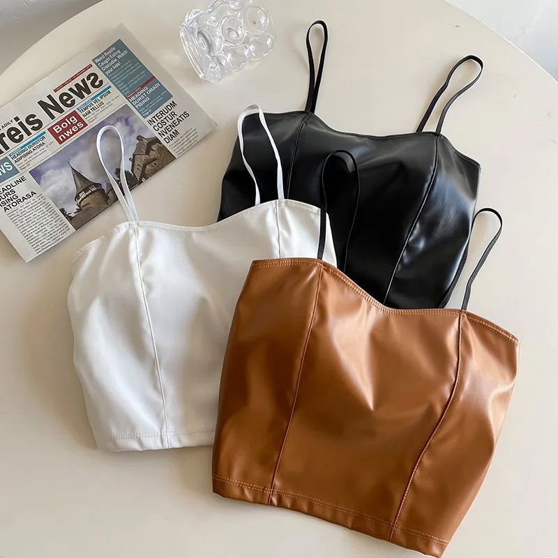 

Sexy Bare Midriff PU Leather Halter Crop Tops Women with Bra Pad Spaghetti Strap Tank Top Camis Female Sleeveless Cropped Vest