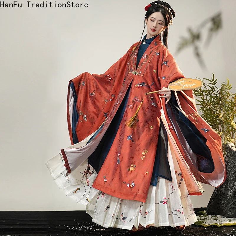 KongGuJi Original Spring Ming Embroidered Flower Bird Cloak Embroidered Pleated Skirt Han Dynasty Purple Hanfu Women Costume