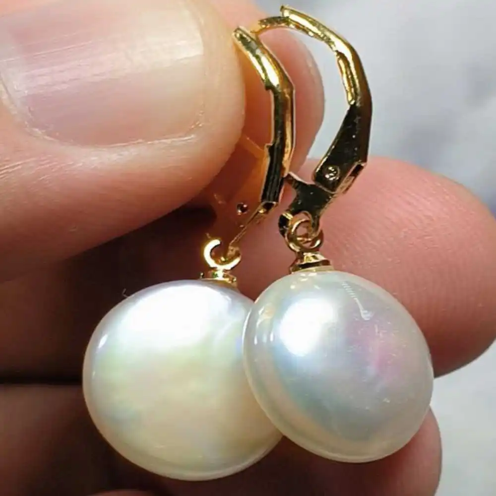 

14-15MM Natural AAA Baroque White Coin pearl Earrings 14K Women Beautiful Diy VALENTINE'S DAY FOOL'S DAY Wedding Party Jewelry
