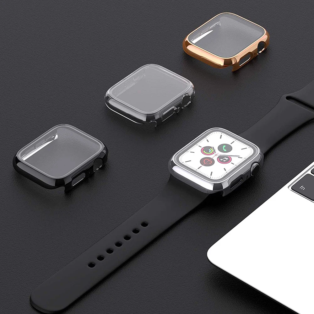 360 Full Cover for Apple Watch 45mm 41mm 44mm 40mm 42mm 38mm, Plating Case Glass Screen Protector for iwatch SE 8 7 6 5 4 3 2 1