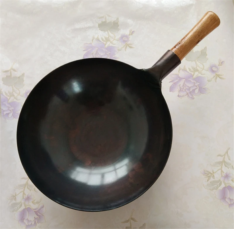 

wooden handle Wok Cooking Wok Household large Iron pot Old-fashioned Uncoated Non-stick pan Round Bottom wok Chef Fried Wok