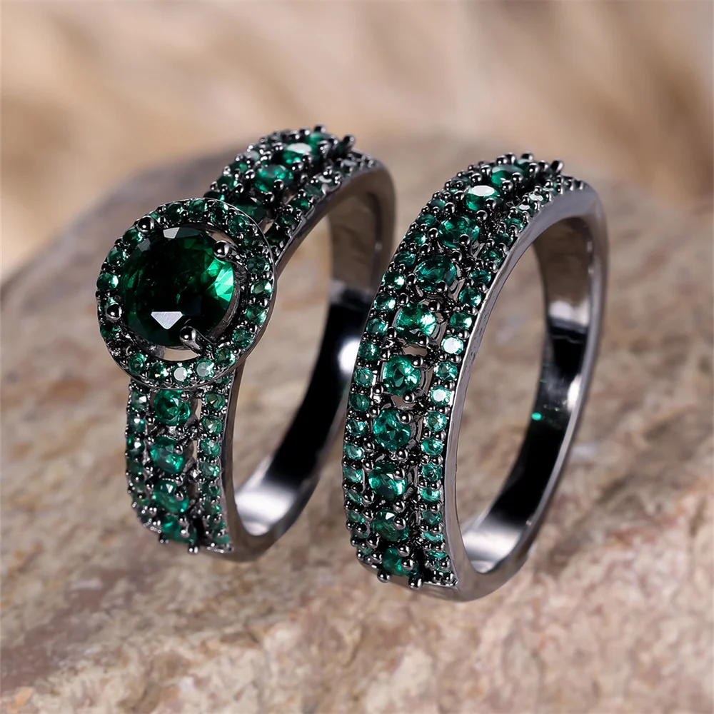 Роскошный Комплект Двойных Колец С Круглым Фианитом И Кристаллами Зеленого