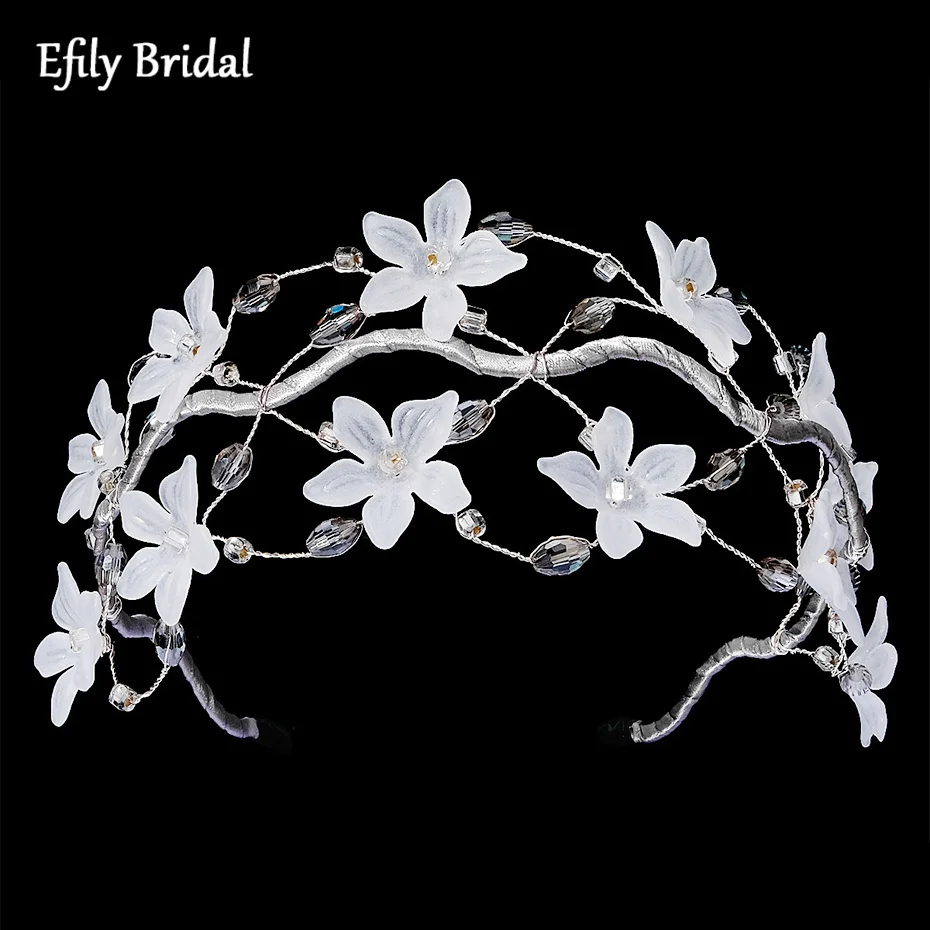 

Efily Crystal White Flower Headband for Girls Women Handmade Tiara Wedding Crown Bridal Hair Accessories Bride Headdress Gift