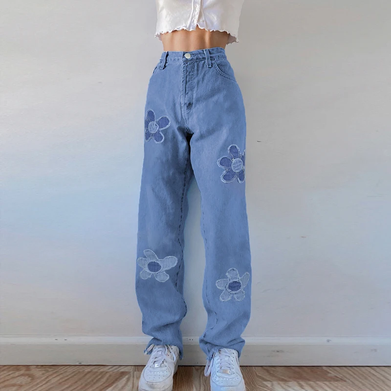 Floral Patchwork Casual Vintage Jeans Women High Waist Denim Pants Capris Fashion Elegant Trousers Ladies Summer 2023 Y2k Pants