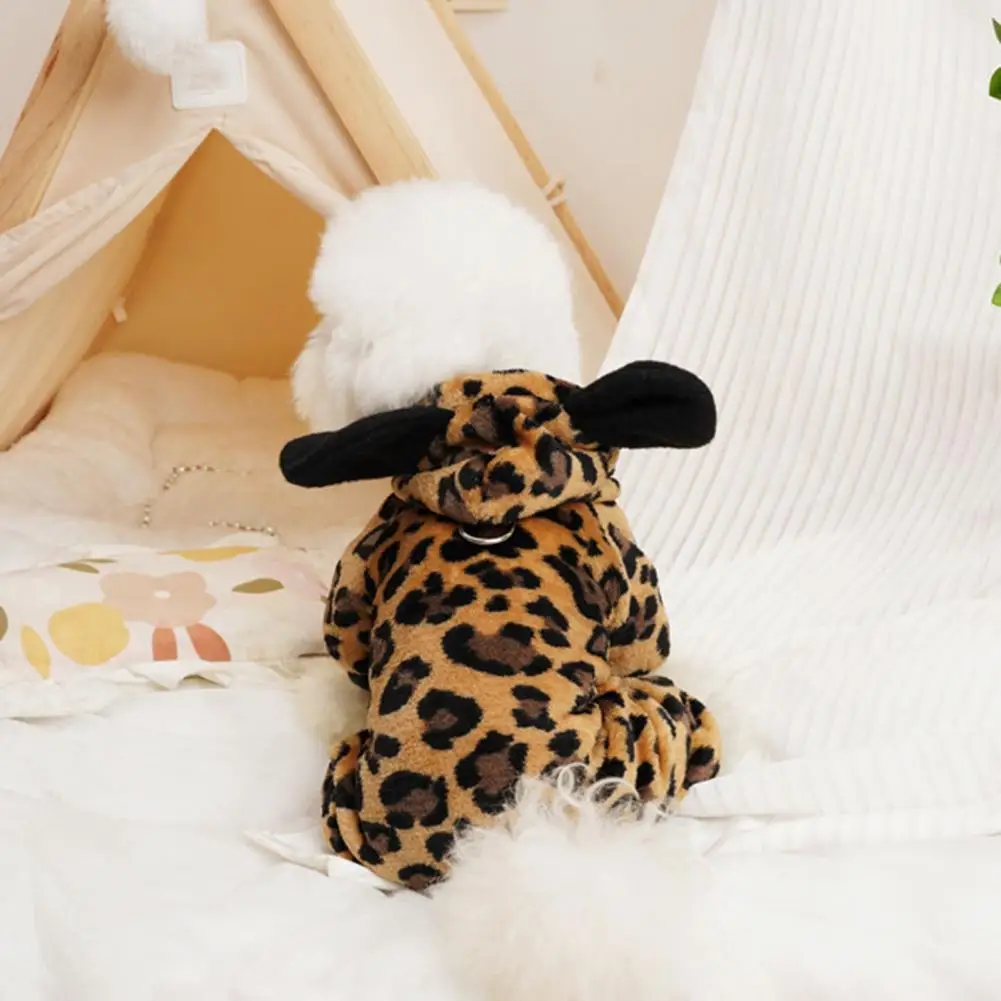 

Dog Clothes Fashionable Leopard Print Pet Jumpsuit Winter Warmth with Plush Ear Hat Stylish Dog Overall for Weather High-quality