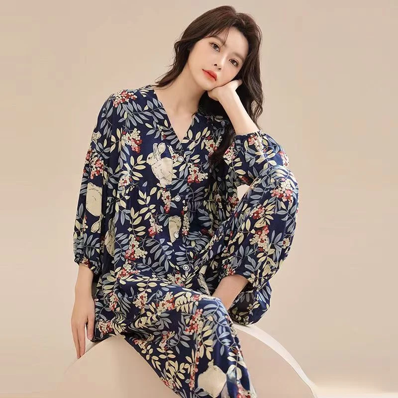 2023 New Women Pajama Sets 3/4 Sleeves Cotton Big Size Pijamas for Women Two-piece Set Elegant Loungewear Night Wears for Women