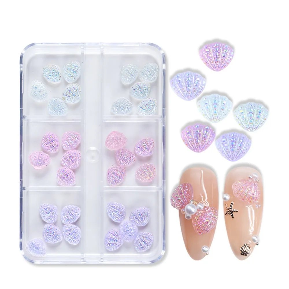 

6Grids Aurora Shell Nail Decorations Ocean Style Resin Nail Rhinestones 3D Nail Drills Manicure DIY Nail Jewelry Decorations