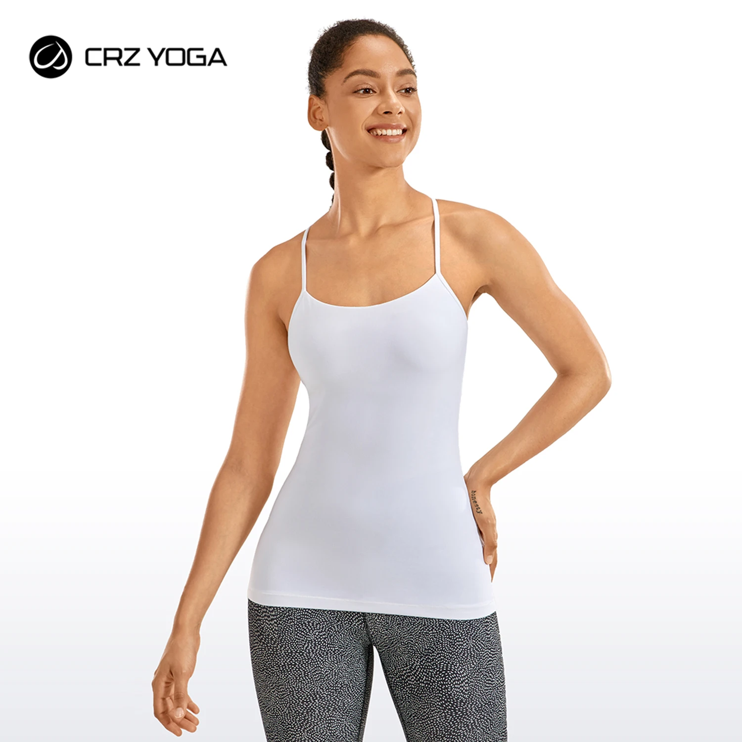 

CRZ YOGA Women's Spaghetti Strap Workout Tank Tops with Built in Bra Sports Camisole Compression Long Length