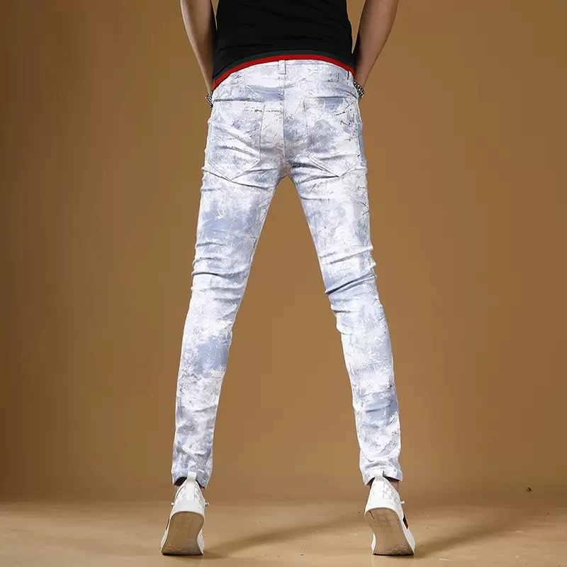 Summer Men White Blue Jeans Fashion Casual Slim Fit Straight Pants Streetwear Digital Printing Denim Trousers