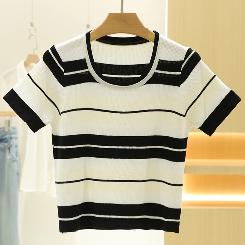 [Mo] Модный утягивающий универсальный вязаный топ с короткими рукавами и круглым