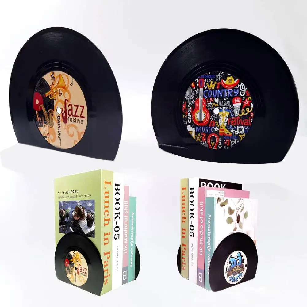 Retro Vinyl Bookends Black Record Book Ends Classic Cd Vintage Decorative Bookend For Shelves Nonskid Bookend Desktop Decor I7t8