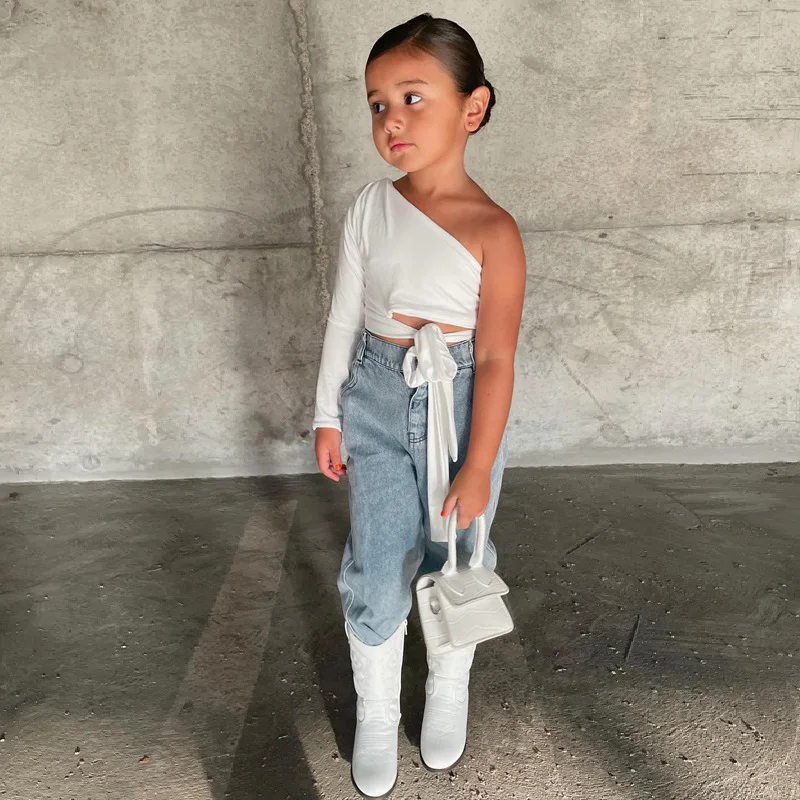White Kids Girls One-Shoulder Crop Tops Summer Clothes Younge Child Girl Fashion T-shirts Single Long Sleeve Tee Tops For 7 to 8