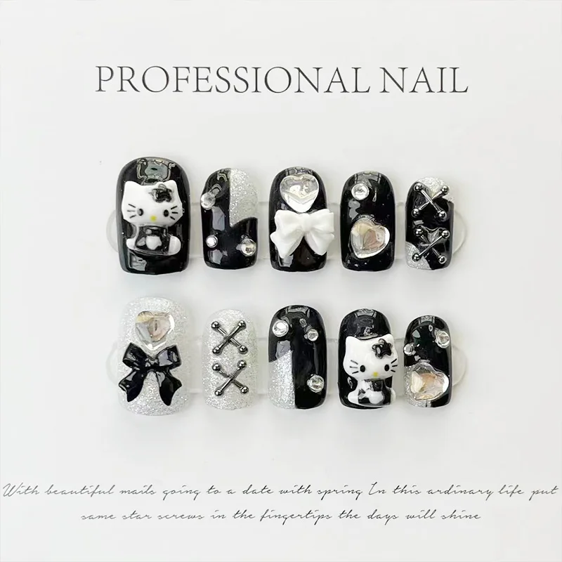 

10pcs Sanrio Nails Hello Kitty Resin Cute Cool Hot Girl Style Three-dimensional Detachable Manicure Kawaii Nail Decoration Gifts