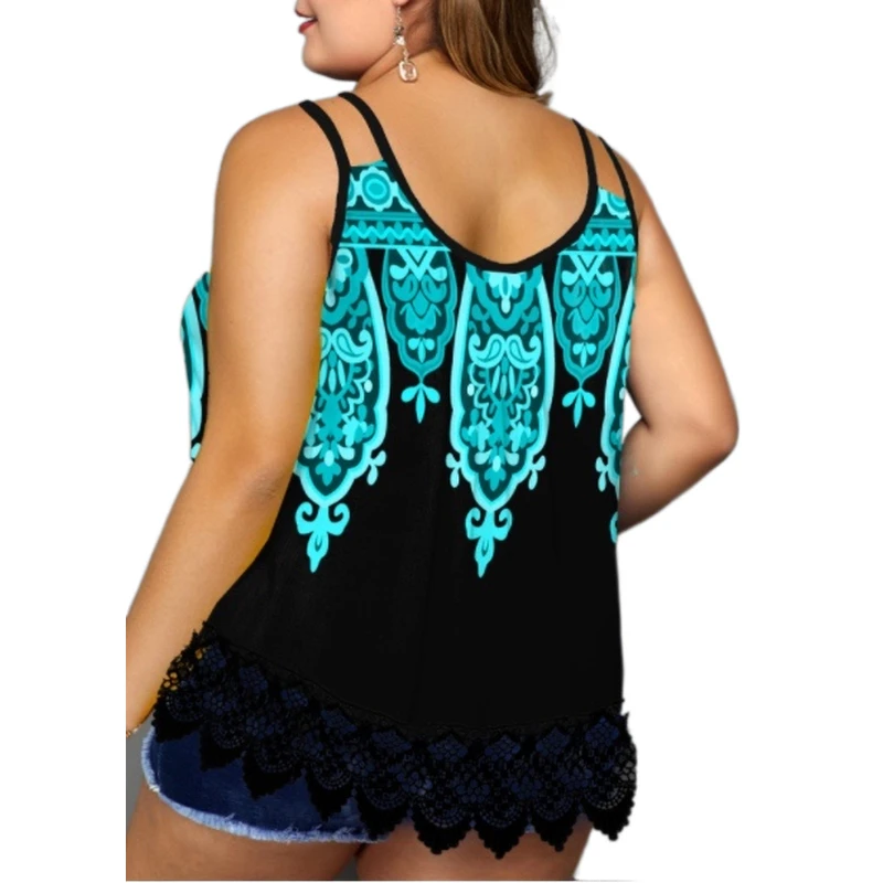 Plus Size Big Tops Large Size Tie-Dye Printed Lace Stitching Spaghetti-Strap Camisole Basic Sleeveless Tops Women Custom T Shirt