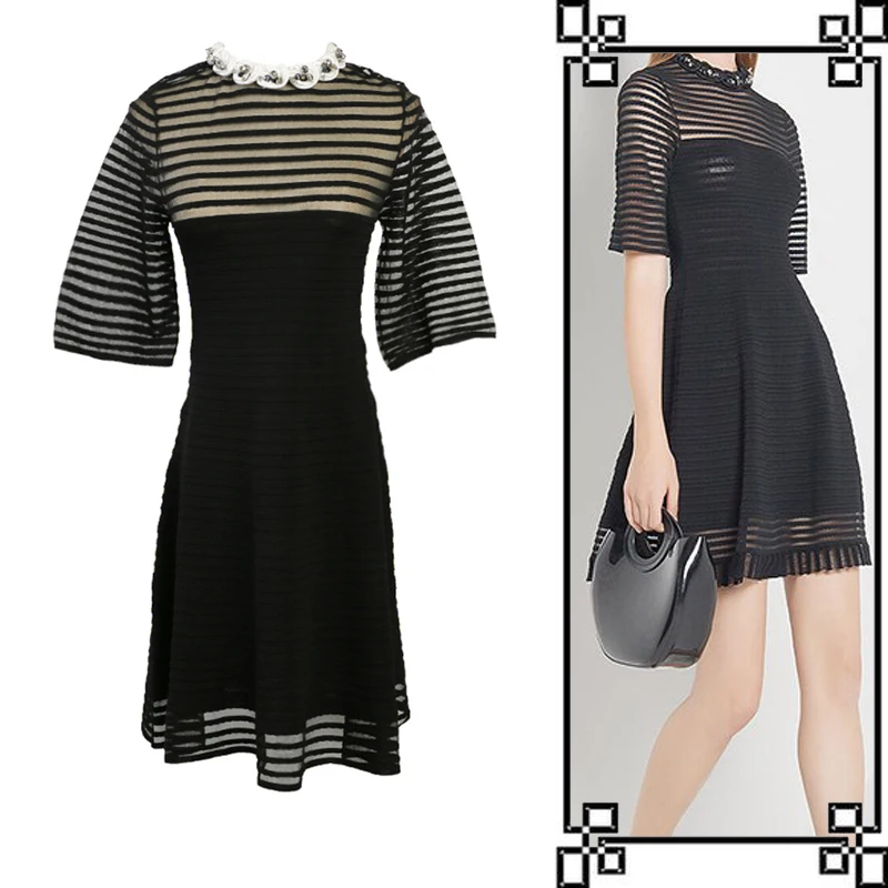 

Lady Spring Summer New Female Striped Lace Diamond Waist Knit Ruffle Pullover Dress